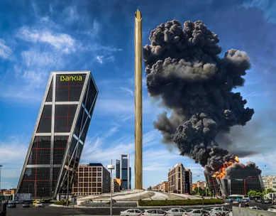 Manipulated image of a fictitious explosion at the Kio Towers, used as a disinformation example